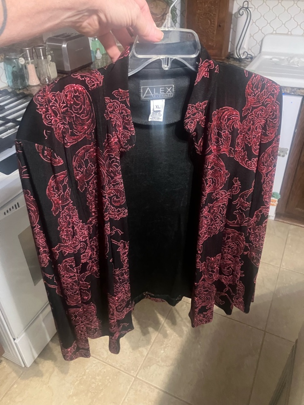 Alex Evenings Black Cardigan with Red Baroque Pattern